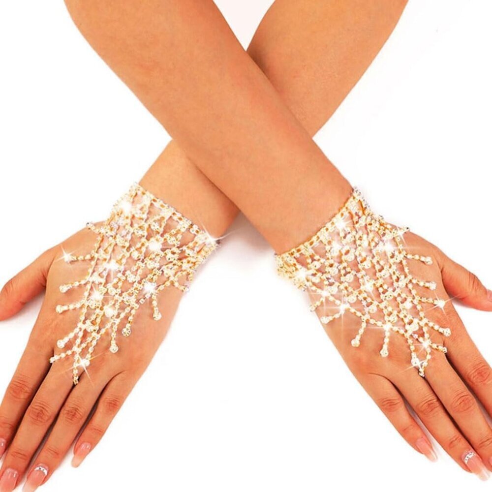 Gold Rhinestone Fingerless Gloves Wedding Party Opera Nightclub Accessory
